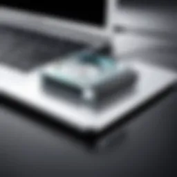 Illustration of a USB CD drive connected to a MacBook, showcasing compatibility.