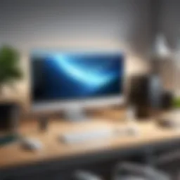 A modern adjustable computer desktop in a sleek office setting showcasing versatility.