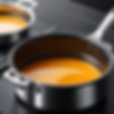 Close-up of Analon saucepan highlighting its superior cooking performance.