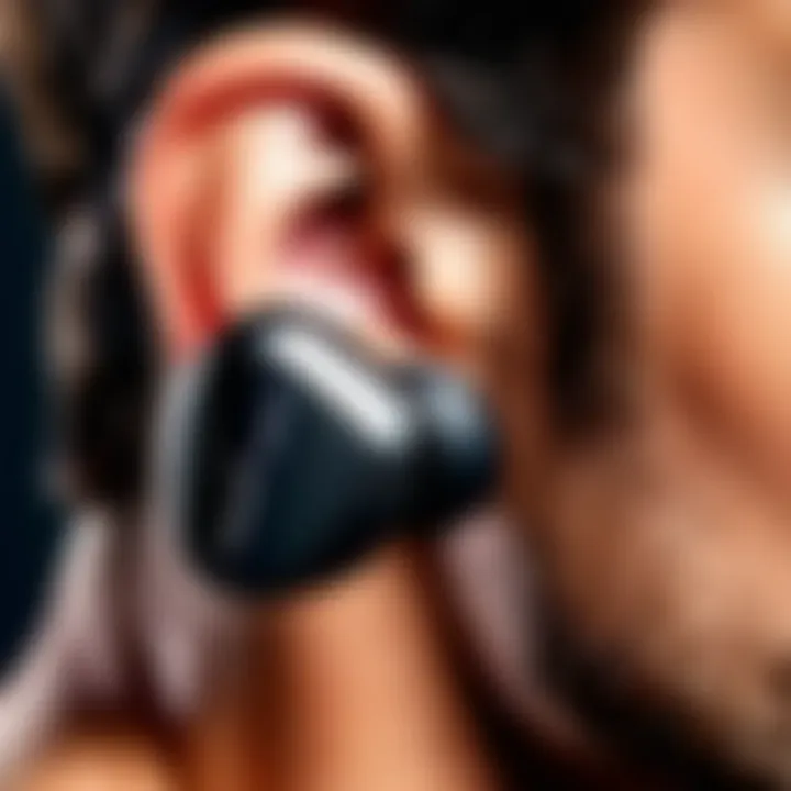 Close-up of the Brookstone Active Pro Earbuds demonstrating their advanced features.