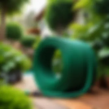 Retractable garden hose in a lush garden setting