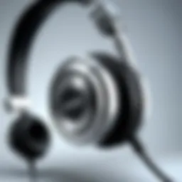 Close-up of a USB headset showcasing the mute button feature