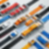 Various types of cargo buckle ratchet straps arranged in a display
