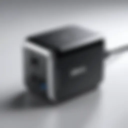 Detailed view of a Dell auto air AC adapter showcasing its design features.