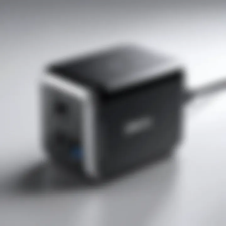 Detailed view of a Dell auto air AC adapter showcasing its design features.