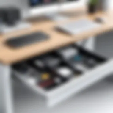 Close-Up of Essential Desk Features A close-up of desk features such as cable management and storage solutions.