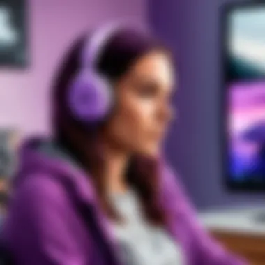 User enjoying music with purple Skullcandy headphones in a cozy setting