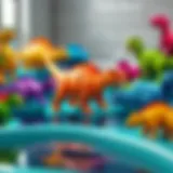 Colorful assortment of dinosaur bath toys in a playful setting