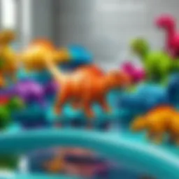 Colorful assortment of dinosaur bath toys in a playful setting
