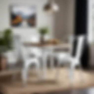 Chic Dining Setting with Distressed White Metal Chairs Stylish distressed white metal chair set in a cozy dining area
