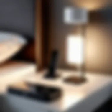 Energy-Efficient LED Lights on Bedside Table Energy-efficient remote control LED lights on a bedside table