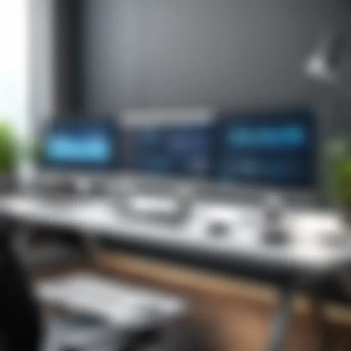 An ergonomic workspace featuring HP All-in-One and dual monitors for enhanced productivity