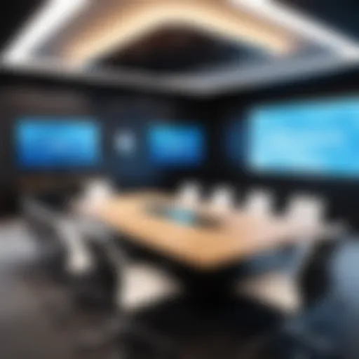 A high-tech conference room featuring an auto-tracking camera in action