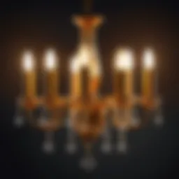 A dimmable LED candelabra bulb glowing warmly in a modern chandelier