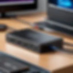 Illustration of a dual display port KVM switch setup showcasing multiple devices connected