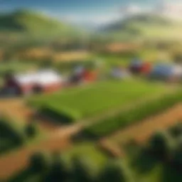 A panoramic view of a lush virtual farm landscape