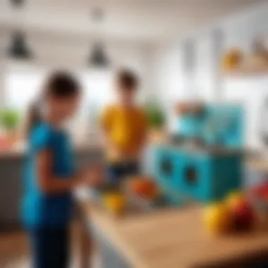 Creative Playtime Interaction Children interacting with a play kitchen set, fostering creativity