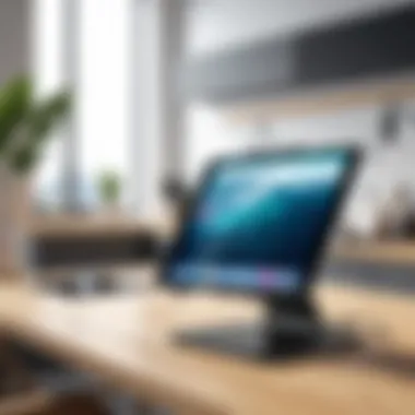 Ergonomic Home Workspace iPad Stand iPad floor stand with ergonomic design in a home workspace