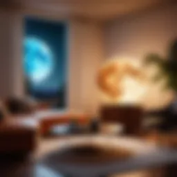 A stunning large moon lamp casting a soft glow in a modern living room setting.