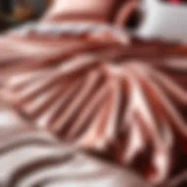 Luxurious Rose Gold Comforter on Bed Luxurious rose gold comforter draped elegantly on a bed