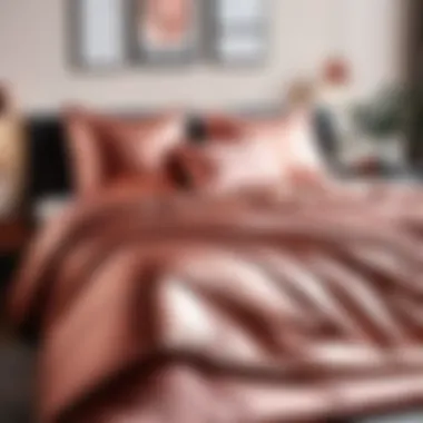 Modern Bedroom with Rose Gold Comforter Modern bedroom decor featuring a rose gold comforter with complementary colors