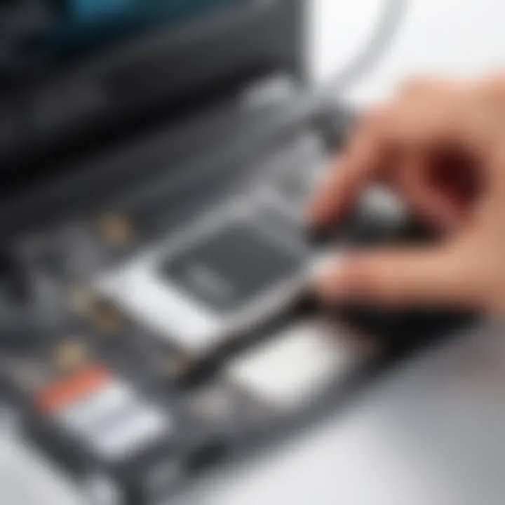 A technician demonstrating the installation of an SSD in a Dell laptop.
