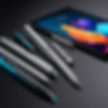 Diverse Stylus Designs for iPad Air Stylus pens of various designs placed next to an iPad Air 4th generation