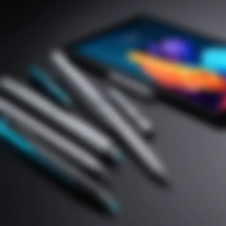 Diverse Stylus Designs for iPad Air Stylus pens of various designs placed next to an iPad Air 4th generation