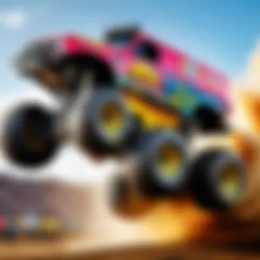 A vibrant Monster Jam truck soaring through the air, showcasing the thrill of motorsport.