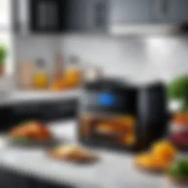 A kitchen setting featuring the Oster Digital Air Fryer Oven in use.