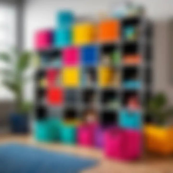Colorful mini cube organizer bins arranged in a children's room