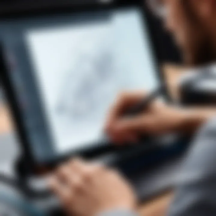 Close-up of a digital artist using a pen tablet with screen for detailed design work.