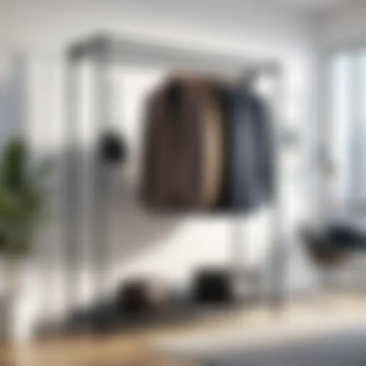 A modern metal garment rack placed in a contemporary living space.