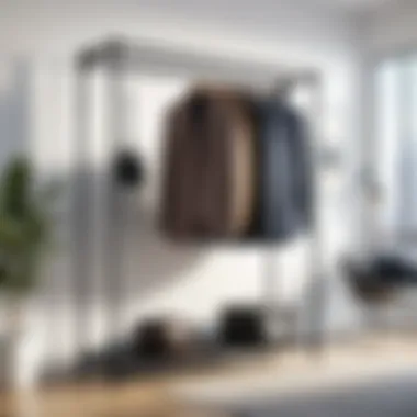 Modern Metal Garment Rack in Living Space A modern metal garment rack placed in a contemporary living space.