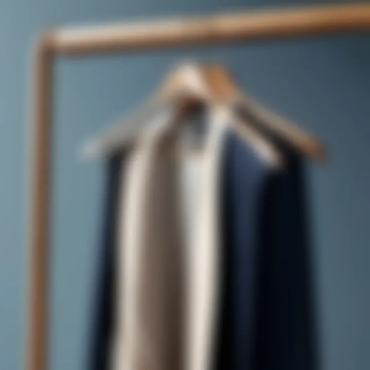 Close-up view of a wooden garment rack with neatly hung clothing.