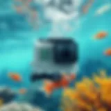 A GoPro camera submerged underwater showcasing vibrant marine life