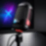 Close-up view of the HyperX QuadCast A microphone showcasing its sleek design and RGB lighting.