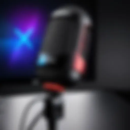 Close-up view of the HyperX QuadCast A microphone showcasing its sleek design and RGB lighting.