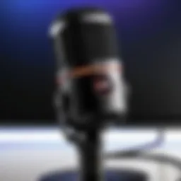 Close-up view of the HyperX QuadCast S RGB Microphone showcasing its sleek design and lighting features.