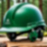 Close-up view of a modern forestry safety helmet showcasing its features.