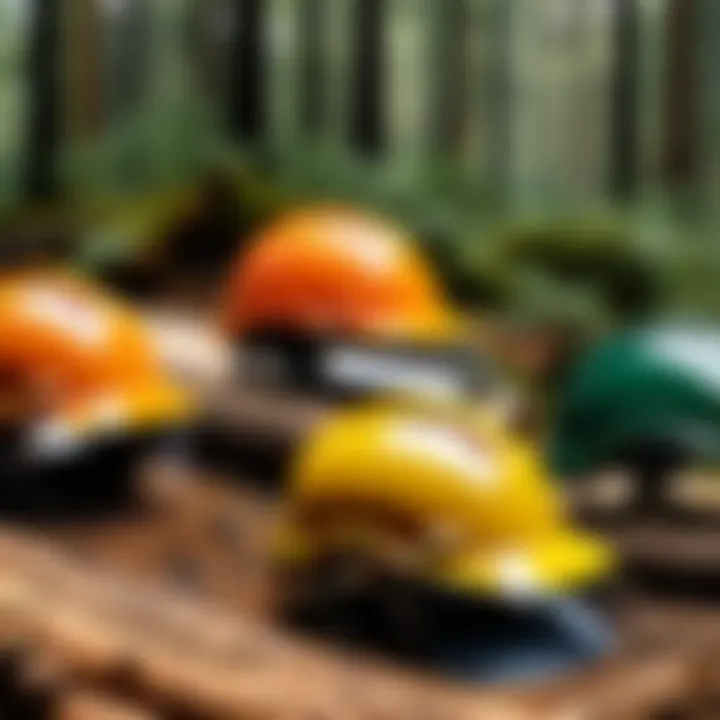 A range of forestry safety helmets displayed for comparison.