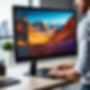 User Optimizing Monitor Height for Comfort User adjusting monitor height with a table stand