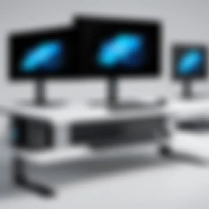 Different styles of monitor table stands on display