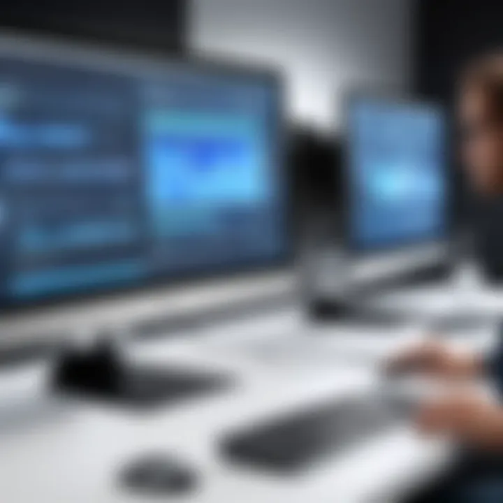 A tech-savvy professional utilizing HP All-in-One with dual monitors for multitasking
