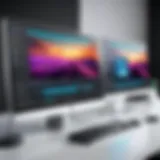 A sleek HP All-in-One computer displaying a vibrant dual monitor setup