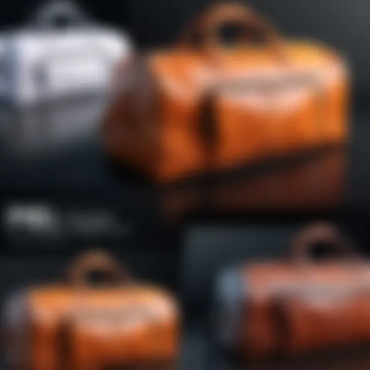 Various styles of Piel duffel bags displayed for comparison.