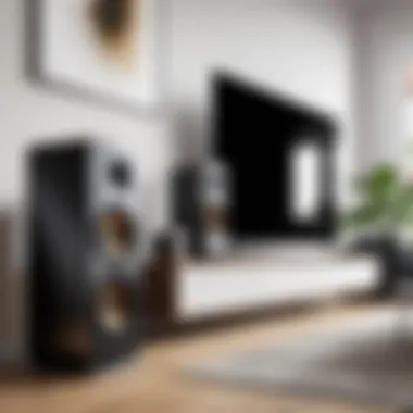 Refurbished Speakers in a Stylish Setting An elegant setup of refurbished speakers in a modern living room