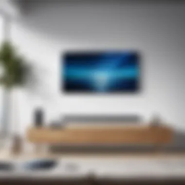 A sleek Samsung soundbar seamlessly mounted on a wall, showcasing a modern living room setup.