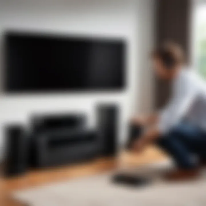 Close-up of a person setting up a wireless surround sound system