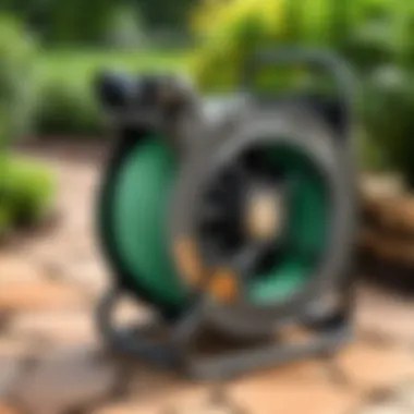Durability Features of the Sidewinder Garden Hose Reel Durability features of the Sidewinder garden hose reel displayed in a garden setting.